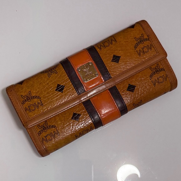 MCM Handbags - MCM Brown and Black Logo Continental Wallet with Orange Accent